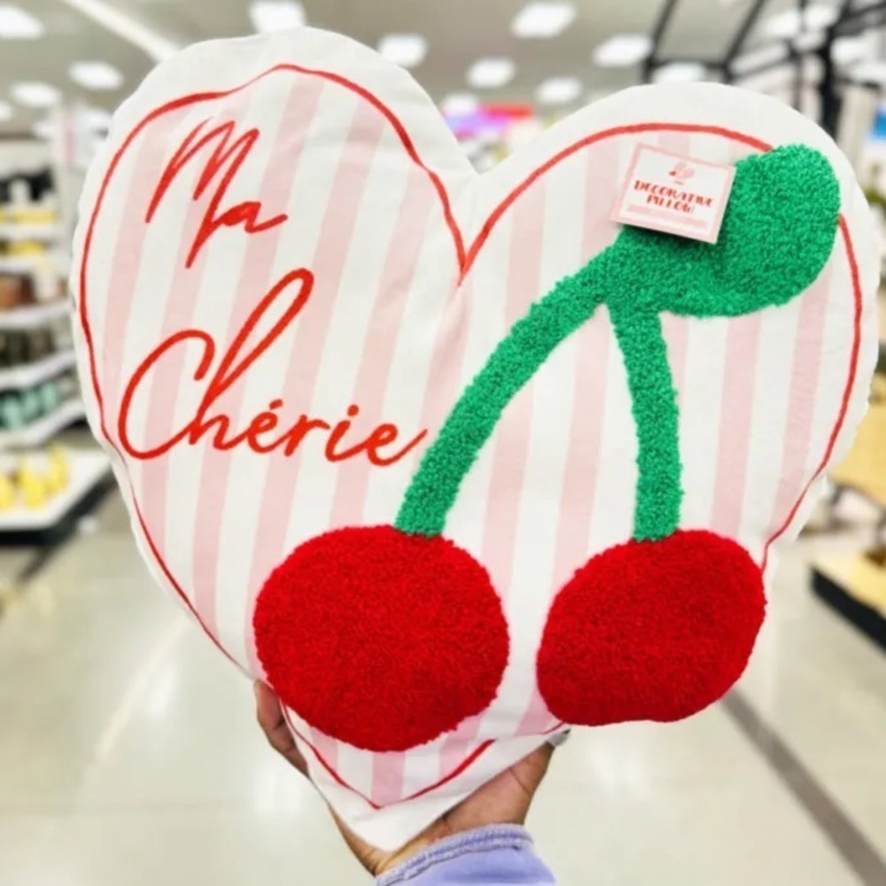 Ma Chérie Heart Shaped Pillow with Red Cherries
